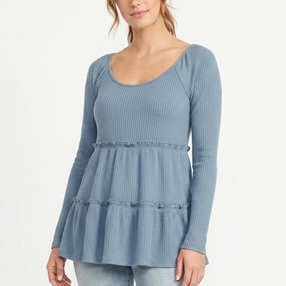 LC Lauren Conrad Blue Ribbed Tiered Babydoll Long Sleeve Top XS